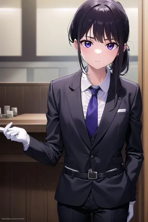 takinainoue, <lyco:takinainoue-lyco-nochekaiser:1>,
inoue takina, long hair, bangs, ponytail, black hair, (purple eyes:1.2),
BREAK gloves, long sleeves, jacket, necktie, black gloves, collared shirt, belt, pants, vest, black jacket, black pants, formal, suit, red necktie, headset, black suit, earpiece,
BREAK looking at viewer, (cowboy shot:1.5),
BREAK indoors, restaurant,
BREAK <lyco:GoodHands-beta2:1>, (masterpiece:1.2), best quality, high resolution, unity 8k wallpaper, (illustration:0.8), (beautiful detailed eyes:1.6), extremely detailed face, perfect lighting, extremely detailed CG, (perfect hands, perfect anatomy),