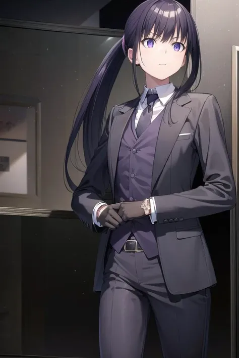 takinainoue, <lyco:takinainouechickeiii-lyco-nochekaiser:1>,
inoue takina, long hair, bangs, ponytail, black hair, (purple eyes:1.2),
BREAK gloves, long sleeves, jacket, necktie, black gloves, collared shirt, belt, pants, vest, black jacket, black pants, formal, suit, red necktie, headset, black suit, earpiece,
BREAK looking at viewer, (cowboy shot:1.5),
BREAK indoors, restaurant,
BREAK <lyco:GoodHands-beta2:1>, (masterpiece:1.2), best quality, high resolution, unity 8k wallpaper, (illustration:0.8), (beautiful detailed eyes:1.6), extremely detailed face, perfect lighting, extremely detailed CG, (perfect hands, perfect anatomy),