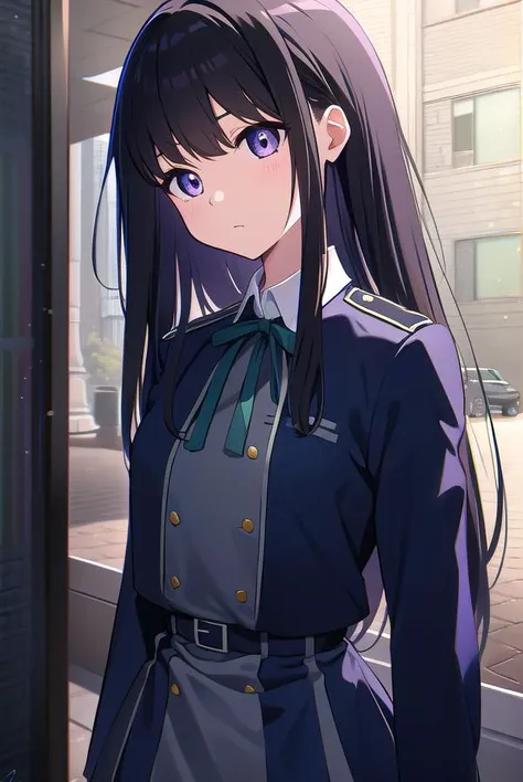 takinainoue, <lyco:takinainoue-LYCORIStest:1>, inoue takina, long hair, bangs, black hair, (purple eyes:1.2), BREAK shirt, long sleeves, dress, ribbon, school uniform, white shirt, collared shirt, belt, neck ribbon, blue dress, green ribbon, pleated dress, grey dress, two-tone dress, blue belt, lycoris uniform, BREAK outdoors, city, BREAK <lora:GoodHands-vanilla:1>, (masterpiece:1.2), best quality, high resolution, unity 8k wallpaper, (illustration:0.8), (beautiful detailed eyes:1.6), extremely detailed face, perfect lighting, extremely detailed CG, (perfect hands, perfect anatomy),