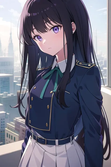 takinainoue, <lyco:takinainoue-LYCORIStest:1>, inoue takina, long hair, bangs, black hair, (purple eyes:1.2), BREAK shirt, long sleeves, dress, ribbon, school uniform, white shirt, collared shirt, belt, neck ribbon, blue dress, green ribbon, pleated dress, grey dress, two-tone dress, blue belt, lycoris uniform, BREAK outdoors, city, BREAK <lora:GoodHands-vanilla:1>, (masterpiece:1.2), best quality, high resolution, unity 8k wallpaper, (illustration:0.8), (beautiful detailed eyes:1.6), extremely detailed face, perfect lighting, extremely detailed CG, (perfect hands, perfect anatomy),