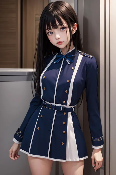 ((masterpiece)), (best quality), official art, extremely detailed CG, unity 8k wallpaper, ultra detailed, highly detailed, detailed background, inoue takina, long hair, bangs, black hair, (purple eyes:1.2), tears, shirt, long sleeves, dress, ribbon, school uniform, white shirt, collared shirt, belt, neck ribbon, blue dress, green ribbon, pleated dress, grey dress, two-tone dress, blue belt, lycoris uniform, <lyco:takinainoue-LYCORIStest:1.0>,