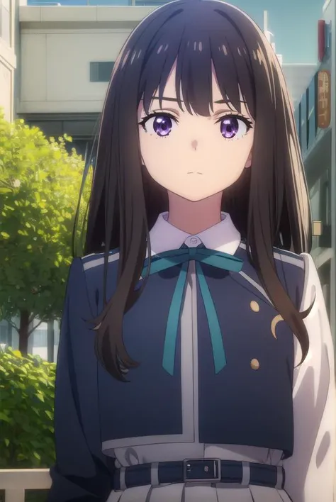takinainoue, <lyco:takinainoues1-lyco-nochekaiser:1>,
inoue takina, long hair, bangs, black hair, (purple eyes:1.2),
BREAK shirt, long sleeves, dress, ribbon, school uniform, white shirt, collared shirt, belt, neck ribbon, blue dress, green ribbon, pleated dress, grey dress, two-tone dress, blue belt, lycoris uniform,
BREAK outdoors, city,
BREAK looking at viewer, (cowboy shot:1.5),
BREAK <lyco:GoodHands-beta2:1>, (masterpiece:1.2), best quality, high resolution, unity 8k wallpaper, (illustration:0.8), (beautiful detailed eyes:1.6), extremely detailed face, perfect lighting, extremely detailed CG, (perfect hands, perfect anatomy),
