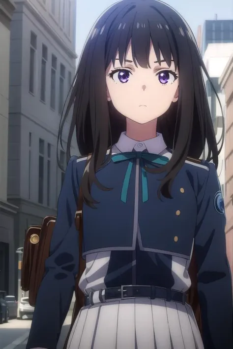 takinainoue, <lyco:takinainoues1-lyco-nochekaiser:1>,
inoue takina, long hair, bangs, black hair, (purple eyes:1.2),
BREAK shirt, long sleeves, dress, ribbon, school uniform, white shirt, collared shirt, belt, neck ribbon, blue dress, green ribbon, pleated dress, grey dress, two-tone dress, blue belt, lycoris uniform,
BREAK outdoors, city,
BREAK looking at viewer, (cowboy shot:1.5),
BREAK <lyco:GoodHands-beta2:1>, (masterpiece:1.2), best quality, high resolution, unity 8k wallpaper, (illustration:0.8), (beautiful detailed eyes:1.6), extremely detailed face, perfect lighting, extremely detailed CG, (perfect hands, perfect anatomy),