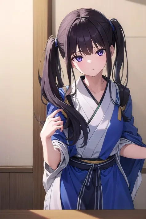 takinainoue, <lyco:takinainoue-lyco-nochekaiser:1>,
inoue takina, long hair, bangs, twintails, black hair, (purple eyes:1.2),
BREAK japanese clothes, kimono, apron, waist apron, blue kimono, waitress,
BREAK looking at viewer, (cowboy shot:1.5),
BREAK indoors, cafe,
BREAK <lyco:GoodHands-beta2:1>, (masterpiece:1.2), best quality, high resolution, unity 8k wallpaper, (illustration:0.8), (beautiful detailed eyes:1.6), extremely detailed face, perfect lighting, extremely detailed CG, (perfect hands, perfect anatomy),