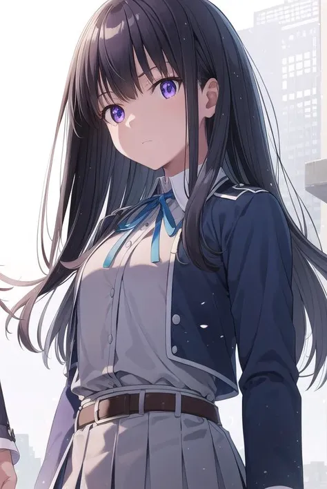 takinainoue, <lyco:takinainouechickeiii-lyco-nochekaiser:1>,
inoue takina, long hair, bangs, black hair, (purple eyes:1.2),
BREAK shirt, long sleeves, dress, ribbon, school uniform, white shirt, collared shirt, belt, neck ribbon, blue dress, green ribbon, pleated dress, grey dress, two-tone dress, blue belt, lycoris uniform,
BREAK looking at viewer, (cowboy shot:1.5),
BREAK outdoors, city,
BREAK <lyco:GoodHands-beta2:1>, (masterpiece:1.2), best quality, high resolution, unity 8k wallpaper, (illustration:0.8), (beautiful detailed eyes:1.6), extremely detailed face, perfect lighting, extremely detailed CG, (perfect hands, perfect anatomy),
