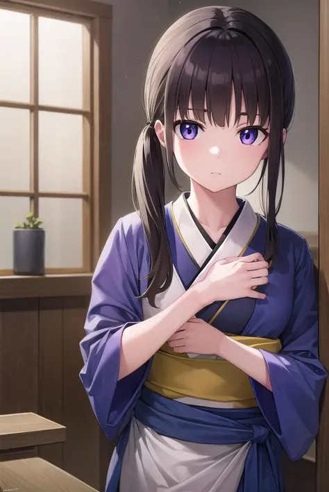 takinainoue, <lyco:takinainoue-lyco-nochekaiser:1>,
inoue takina, long hair, bangs, twintails, black hair, (purple eyes:1.2),
BREAK japanese clothes, kimono, apron, waist apron, blue kimono, waitress,
BREAK looking at viewer, (cowboy shot:1.5),
BREAK indoors, cafe,
BREAK <lyco:GoodHands-beta2:1>, (masterpiece:1.2), best quality, high resolution, unity 8k wallpaper, (illustration:0.8), (beautiful detailed eyes:1.6), extremely detailed face, perfect lighting, extremely detailed CG, (perfect hands, perfect anatomy),