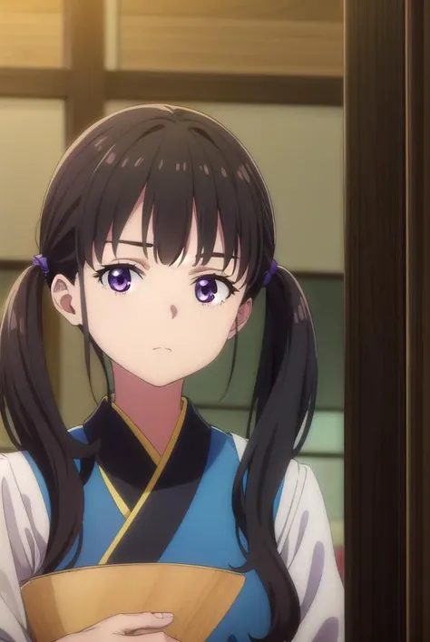 takinainoue, <lyco:takinainoues1-lyco-nochekaiser:1>,
inoue takina, long hair, bangs, twintails, black hair, (purple eyes:1.2),
BREAK japanese clothes, kimono, apron, waist apron, blue kimono, waitress,
BREAK indoors, restaurant,
BREAK looking at viewer, (cowboy shot:1.5),
BREAK <lyco:GoodHands-beta2:1>, (masterpiece:1.2), best quality, high resolution, unity 8k wallpaper, (illustration:0.8), (beautiful detailed eyes:1.6), extremely detailed face, perfect lighting, extremely detailed CG, (perfect hands, perfect anatomy),