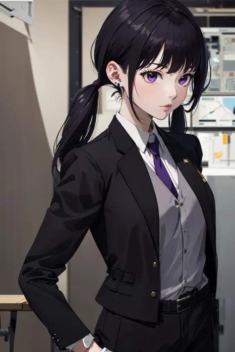 ((masterpiece)), (best quality), official art, extremely detailed CG, unity 8k wallpaper, ultra detailed, highly detailed, detailed background, inoue takina, long hair, bangs, black hair, (purple eyes:1.2), serious, gloves, long sleeves, jacket, necktie, black gloves, collared shirt, belt, pants, vest, black jacket, black pants, formal, suit, red necktie, headset, black suit, earpiece, twintails, <lyco:takinainoue-LYCORIStest:1.0>,