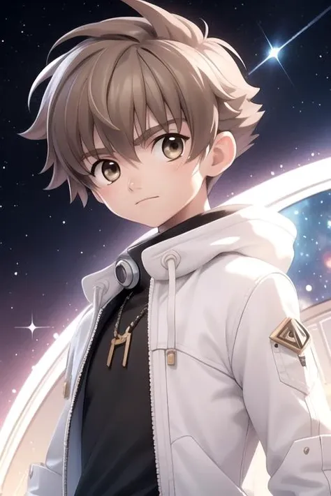 masterpiece, best quality, game cg, 1boy, solo, male focus, looking at viewer, upper body, depth of field, (watercolor illustration, soft pastel colors:1.1), , <lora:syaoran_tsubasa_chronicle:0.68>, syaoran_tsubasa_chronicle, brown hair, brown eyes, , science fiction space western, 2k resolution