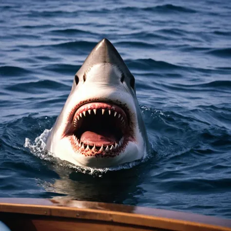 cinematic film still of  <lora:1970's style:1>
In the 1970's a shark is on a boat with its mouth open from jaws movie,open mouth,teeth,water,no humans,ocean,traditional media,sharp teeth,watercraft,shark , realistic,realism, detailed, perfection,perfect,filmic,retro,vintage,classic,different haircut,different look,different style,different people, 1970's style , 1970 style, shallow depth of field, vignette, highly detailed, high budget, bokeh, cinemascope, moody, epic, gorgeous, film grain, grainy