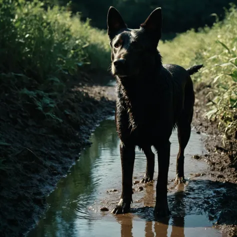 cinematic film still of <lora:1970's style:1>
In the 1970's a black faceless dog covered in shadows standing in a muddy stream in the woods,solo,standing,outdoors,water,no humans,animal,cat,grass,scenery,reflection,silhouette , realistic,realism, detailed, perfection,perfect,filmic,retro,vintage,classic,different haircut,different look,different style,different people, 1970's style , 1970 style, shallow depth of field, vignette, highly detailed, high budget, bokeh, cinemascope, moody, epic, gorgeous, film grain, grainy