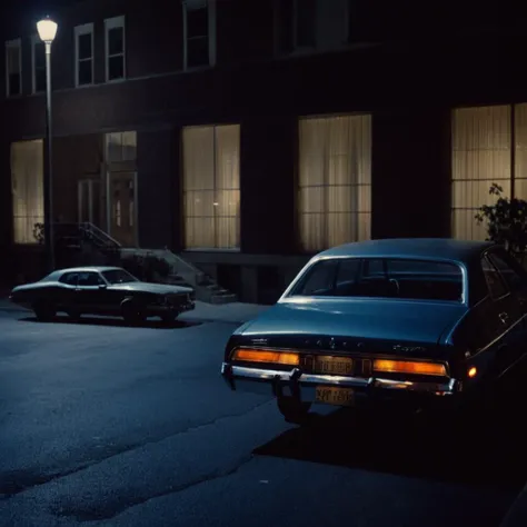 cinematic film still of <lora:1970's style:1>
In the 1970's a 70's car parked in front of a building at night,outdoors,no humans,night,shadow,ground vehicle,scenery,motor vehicle,sign,car,road,vehicle focus,lamppost,street , realistic,realism, detailed, perfection,perfect,filmic,retro,vintage,classic,different haircut,different look,different style,different people, 1970's style , 1970 style, shallow depth of field, vignette, highly detailed, high budget, bokeh, cinemascope, moody, epic, gorgeous, film grain, grainy