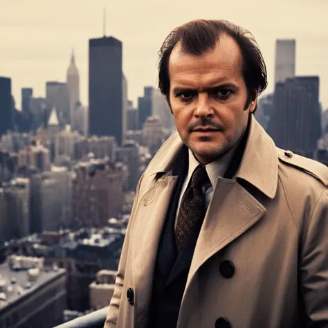 cinematic film still of <lora:1970's style:1>
In the 1970's jack nicholson a man in a trench coat and tie standing on rooftop in front of a city skyline,solo,looking at viewer,brown hair,1boy,brown eyes,jacket,male focus,necktie,facial hair,building,city,realistic , realistic,realism, detailed, perfection,perfect,filmic,retro,vintage,classic,different haircut,different look,different style,different people, 1970's style , 1970 style, shallow depth of field, vignette, highly detailed, high budget, bokeh, cinemascope, moody, epic, gorgeous, film grain, grainy