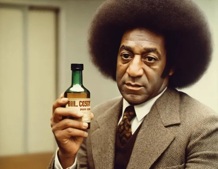 old Kodachrome photo, <lora:1970's style:1> 1970's style, young Bill Cosby inventing the date rape drug rohypnol, huge afro, analog, faded, old photo