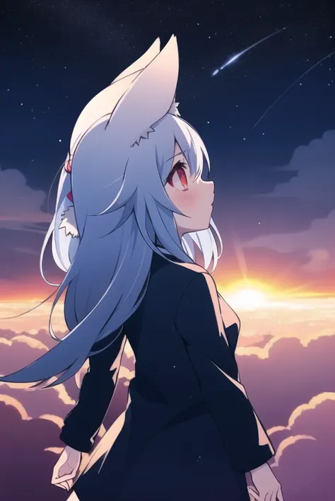 wolfychu, Wolfychu, 1girl, solo, beautiful details, dynamic lighting, stars, sky background, clouds, sunset, sunbeams, light from behind, <lora:wolfychuv1:1.3>