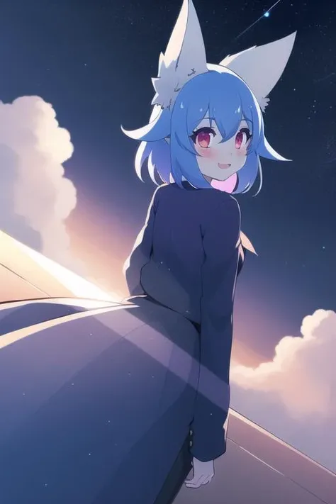wolfychu, Wolfychu, 1girl, solo, beautiful details, dynamic lighting, stars, sky background, clouds, sunset, sunbeams, light from behind, <lora:wolfychuv1:1.3>