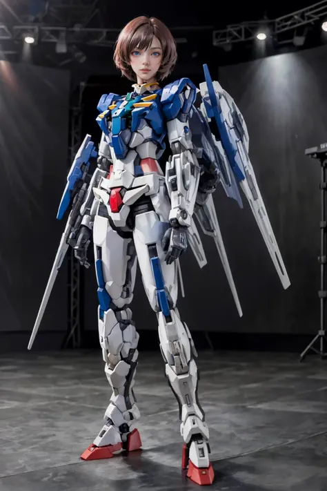highres,absurdres,masterpiece,best quality,original,extremely detailed CG,extremely detailed wallpaper,perfect lighting,(standing on the stage),looking at viewer,blurry background,1girl,
<lora:00_gundam:0.8>,gundam,gundam_00,mecha,