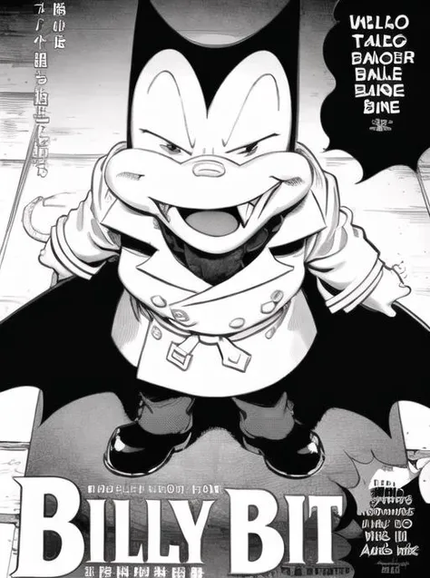 <lyco:Billybat3-08:0.7> Billybat3, solo, open mouth, 1boy, monochrome, comic, greyscale, male focus, english text