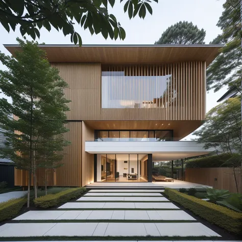 Editorial photography, exterior view, ((eye-level view)), ground, ((street view)),airi_street view, <lyco:airi_view_street:0.3>	((	(Kengo Kuma:1.2),  renzo piano, sky garden, timber façade, timber, wood architecture, timber structure, wood cladding)),	villa, exclusive residence, Private entrance, luxury, individual housing, Elegant façade, terraces, private house, villa, indoor-outdoor integration, residential architecture, water pond, residential landscape,	.	 plaza, landscape design, leaf, pavement, detailed facade, facade details, Editorial photography, exterior view, architecture photography, HQ, high quality	<lyco:airi_functional_residential_v1:0.1>