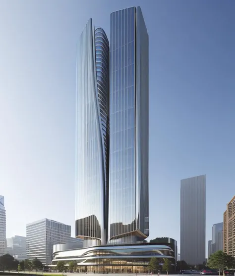 Editorial photography, exterior view, ((eye-level view)), ground, ((street view)),airi_street view, <lyco:airi_view_street:0.3> (( Zaha Hadid, (vertical lines:1.2), vertical louvers )), Office tower, high-rise office complex, corporate complex, innovative office, skyscraper, Workspace, Executive offices, headquarters, lobby, drop-off, canopy, . plaza, landscape design, leaf, pavement, detailed facade, facade details, Editorial photography, exterior view, architecture photography, HQ, high quality <lyco:airi_exterior_office_highrise:0.5>