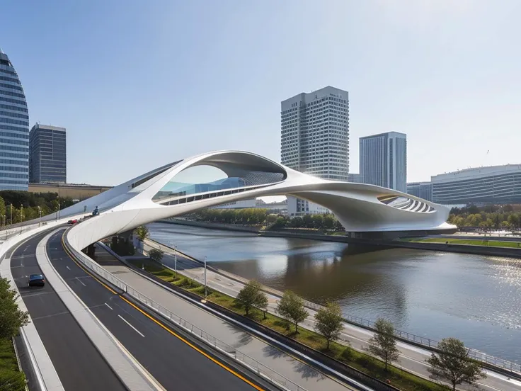 Editorial photography, exterior view, ((eye-level view)), ground, ((street view)),airi_street view, <lyco:airi_view_street:0.3>, ((Toyo Ito, zaha hadid, renzo piano)),(car bridge), (modern infrastructure), iconic infrastructure, elegant bridge structure, urban link, sleek design, Automotive bridge, pathway, roadway, river bank, car, airi_bridge, airi plaza, landscape design, leaf, pavement, detailed facade, facade details, Editorial photography, exterior view, architecture photography, HQ, high quality<lyco:airi_functional_bridge:0.6>, (spring:1.3),(summer:1.5),(sunny:1.8),(sunlight, shadows)