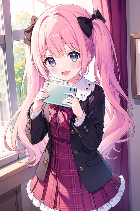 1girl, :d, bangs, blue_eyes, blush, bow, curtains, eyebrows_visible_through_hair, frills, holding, holding_clothes, indoors, long_sleeves, looking_at_viewer, open_mouth, pink_hair, plaid, plaid_dress, plaid_skirt, shirt, skirt, smile, solo, twintails
<lora:pcr-000012:0.7>