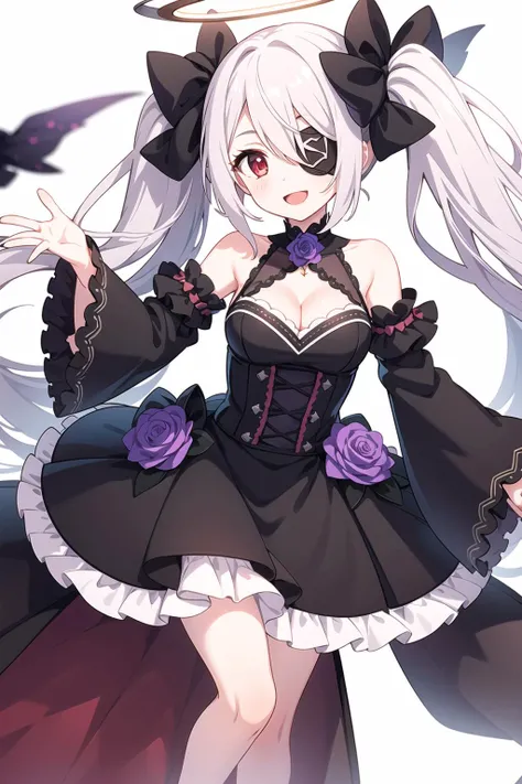 1girl, solo, white background, halo, twintails, dress, flower, simple background, detached sleeves, black flower, breasts, long hair, rose, black dress, smile, open mouth, purple rose, white hair, holding, purple flower, eyepatch, red eyes, cleavage, bow, hair between eyes, frills, bare shoulders, wide sleeves, full body, looking at viewer, long sleeves, one eye covered, black bow, :d, bangs <lora:pcr-000012:0.7>