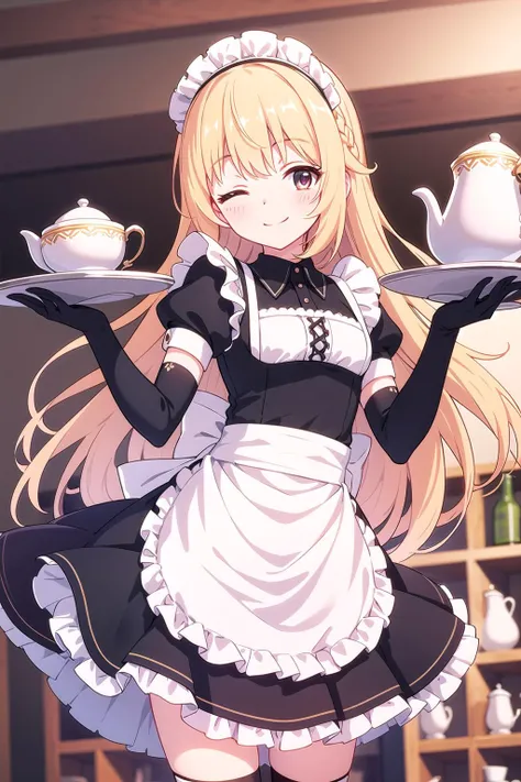 apron, black_gloves, black_hair, blonde_hair, cup, dress, elbow_gloves, enmaided, gloves, headdress, long_hair, maid, maid_apron, maid_headdress, multiple_girls, one_eye_closed, smile, teacup, tray, waist_apron, waitress
<lora:pcr-000012:0.7>