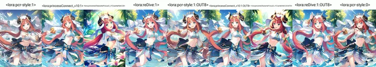 masterpiece, best quality, 1girl, :d, dutch angle dynamic pose, dancing, moving rapidly, beautiful, elegant, <lora:nilouGenshinImpact_v10:1.1:MIDD> nilou (neither flower nor mist) (genshin impact), aqua eyes, fake horns, red hair, long hair, crop top, jewelry, horns, veil, bracer, brooch, long sleeves, puffy long sleeves, skirt, bangs, twintails, puffy sleeves, neck ring, gold trim, parted bangs, circlet, blue skirt, hair ornament, detached sleeves, low twintails, floating hair, gem, blue gemstone, dancer, white headwear, midriff, very long hair, nature, beautiful flowers, butterflies, water, watersplashes, nature, lens flare,
<lora:pcr-style:1>
<lora:pcr-style:0>, <lora:princessConnect_v10:0>, <lora:priconneCharacterFocus3_v1Counterfeit:0>, <lora:reDive:0>, <lora:nilouGenshinImpact_v10:0>