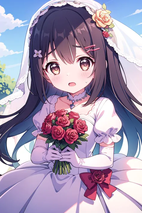 1girl, blue_sky, blush, bouquet, bridal_veil, brown_eyes, day, dress, elbow_gloves, flower, formal, gloves, hair_ornament, hairclip, jewelry, long_hair, necklace, open_mouth, out_of_frame, puffy_short_sleeves, puffy_sleeves, red_flower, red_rose, rose, short_sleeves, sky, solo_focus, suit, sweat, veil, wedding, wedding_dress, white_dress, white_gloves
 <lora:pcr-000012:0.7>
