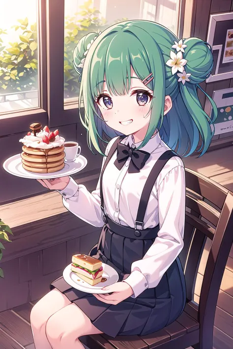 1girl, bangs, blush, cafe, cake, chair, coffee, coffee_mug, cup, dessert, double_bun, flower, flower_pot, food, fork, fruit, grin, hair_flower, hair_ornament, hair_rings, hairclip, holding_fork, holding_plate, holding_tray, indoors, leaf, long_sleeves, looking_at_viewer, macaron, menu, mug, pancake, pastry, plant, plate, potted_plant, restaurant, saucer, sitting, skirt, smile, solo, spoon, strawberry, suspender_skirt, suspenders, table, tea, teacup, teapot, tiered_tray, tray, two_side_up, waitress, white_shirt
 <lora:pcr-000012:0.7>