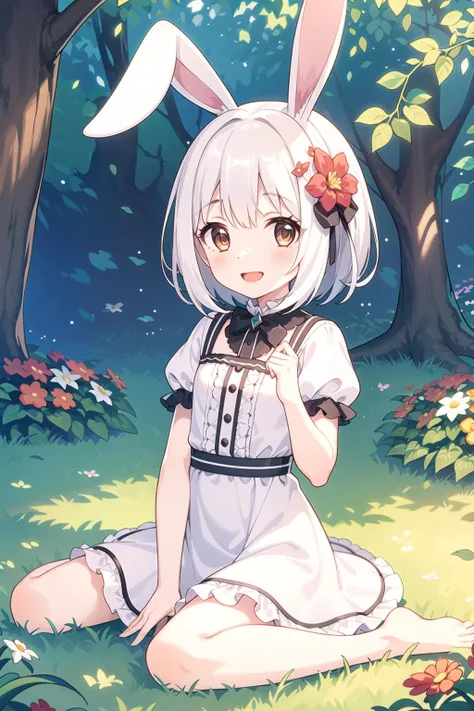 (masterpiece,best quality), 1girl,petite,flat chest, solo, solo focus, (animal ears, rabbit ears), barefoot, knees up, dress, sitting, short sleeves, looking at viewer, grass, short hair, smile, white hair, puffy sleeves, outdoors, puffy short sleeves, bangs, on ground, full body, animal, sunlight, brown eyes, dappled sunlight, day, depth of field, open mouth, (flower, hair flower), w, wariza, white dress,
<lora:pcr-000012:0.7>