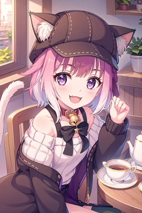 1girl, :3, tamaki,animal_ears, animal_on_lap, animal_on_shoulder, bell,bow, brown_headwear, cafe, calico, cat_ears, cat_girl, cat_hat, cat_on_head, cat_tail, cat_teaser, chair, chen, chen_\(cat\), chomusuke, clothed_animal, collar, cup, dog, fang, flower, flower_pot, glint, hat, holding_cat, indoors, jingle_bell,  leaning_forward, lens_flare, looking_at_viewer, mouse, mug,  neck_bell, nekomata, off_shoulder, open_mouth, pink_flower, pink_hair, plant, potted_plant, purple_eyes, purple_flower, ribbed_sweater, saucer, smile, sparkle, stuffed_cat, sweater, table, tea, teacup, teapot, vase, whiskers,white_sweater
 <lora:pcr-000012:0.7>  <lora:tamaki:0.7>