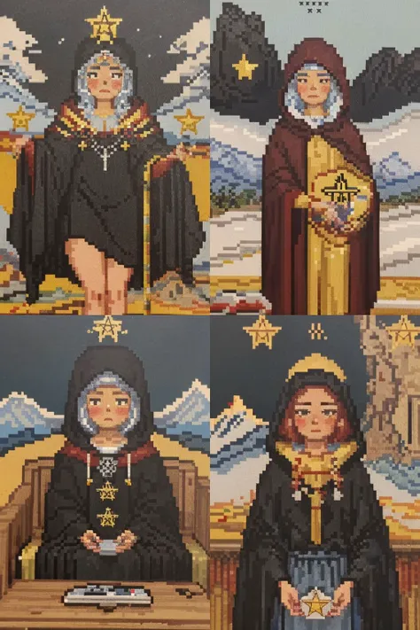 (masterpiece:1.3),(best quality:1.2),8k,absurdres,unity 8k wallpapper,(extremely detailed:1.3),,
1girl,<lyco:8bit_pixel_tarot-10:1>, 8bit_pixel_tarot,pixel,the hermit \(tarot\), robe,dark,night,mountain, (8bit:1.2),snow,hood up, looking away, <lora:lowRA:0.2> ,dark theme,blush,star,