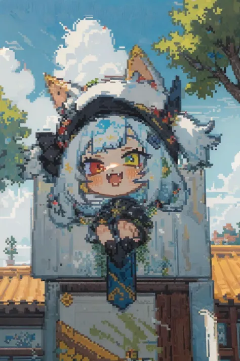 (masterpiece:1.3),(best quality:1.2),8k,absurdres,unity 8k wallpapper,(extremely detailed:1.3),,
1girl,, pixel,<lyco:doodle_chibi-10:0.5>, chibi,heterochromia, blush,fangs,<lora:fangs-10:0.8> ,tree,cloud,sun,<lyco:8bit_pixel_tarot-10:1>,8bit_pixel_tarot