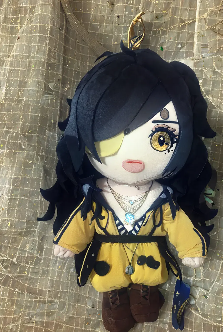 Toy Plushie, masterpiece, best quality, FFX, Final Fantasy 10, LuLu,1girl, black hair, hair stick, hair ornament, necklace, brown eyes, solo, jewelry, mole under mouth, hair over one eye, mole, makeup, chibi<lora:Toy_Plushies-10:1.22>