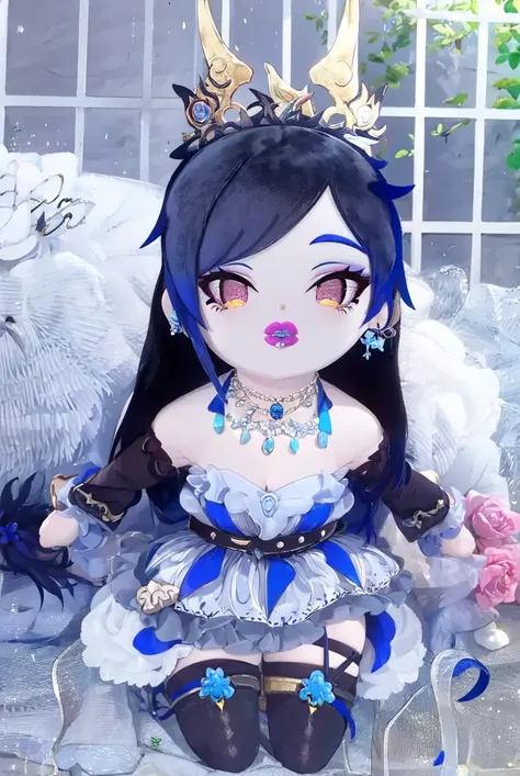 Toy Plushie, masterpiece, best quality, FFX, Final Fantasy 10, LuLu, 1girl, solo, mole under mouth, jewelry, black hair, mole, makeup, necklace, hair over one eye, belt, dress, lipstick, breasts, long hair, cleavage, hair ornament, eyeshadow, thighhighs, earrings, strapless dress, multiple belts, strapless, bare shoulders, <lora:Toy_Plushies-10:1.22>