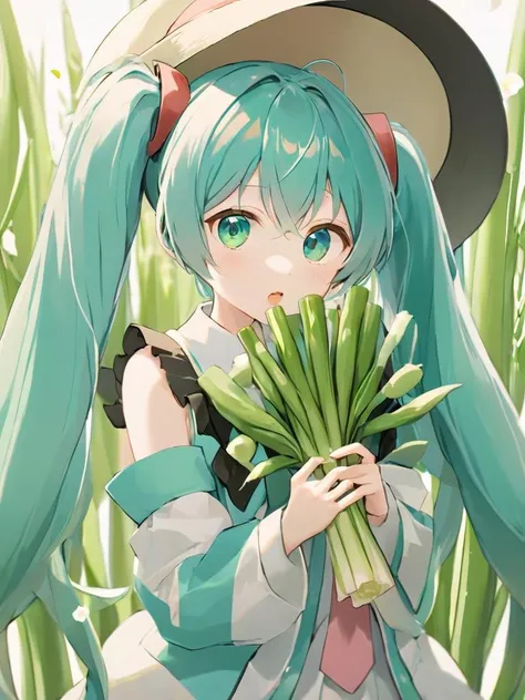 1girl,hatsune miku,twintails,solo,spring onion,hat,looking at viewer,holding,long hair,