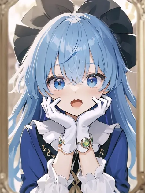 1girl,gloves,solo,blue eyes,blue hair,open mouth,white gloves,looking at viewer,long sleeves,hair between eyes,jewelry,bangs,ascot,blurry,upper body,:o,card,hand on own face,