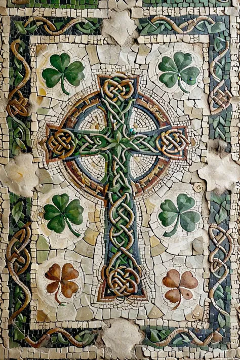 <lora:ParchartXL-2.0:0.8>,on parchment,roman mosaic of celtic cross,celtic knot,,celtic,four-leaf clover,<lora:Roman_Mosaic:0.8>,, (masterpiece, best quality, high quality, highres, ultra-detailed),