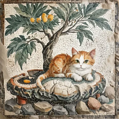 <lora:Ath_ink-painting_XL:1>,ink-painting,ink anf wash,painting \(medium\),traditionalmedia,watercolor\(medium\),roman mosaic of A bonsai like tree with a cat sleeping under it,<lora:Roman_Mosaic:0.8>,, (masterpiece, best quality, high quality, highres, ultra-detailed),