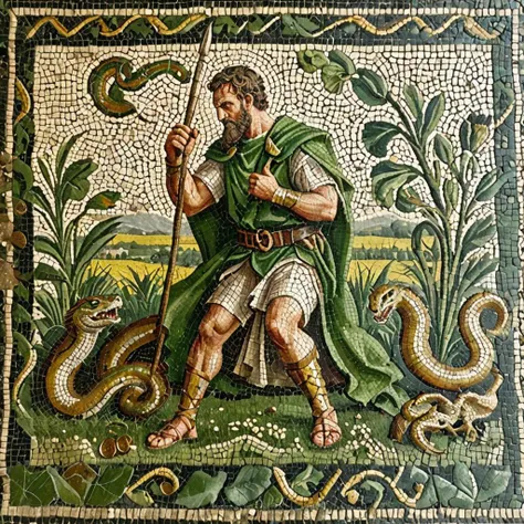 cinematic photo mosaic of St. Patrick fighting against serpents in a green field, small gold coins around the field <lora:Roman_Mosaic:0.8>