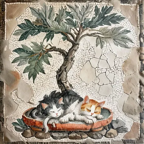 <lora:Ath_ink-painting_XL:1>,ink-painting,ink anf wash,painting \(medium\),traditionalmedia,watercolor\(medium\),roman mosaic of A bonsai like tree with a cat sleeping under it,<lora:Roman_Mosaic:0.8>,, (masterpiece, best quality, high quality, highres, ultra-detailed),