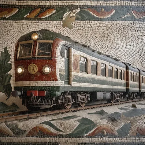 cinematic photo roman mosaic of a train <lora:Roman_Mosaic:0.8>, 35mm photograph, film, bokeh, professional, 4k, highly detailed