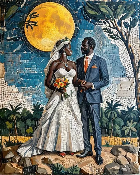 colorful art by Yinka Shonibare and (Pierre-Auguste Renoir:0.9) , installation art, landscape of a Bridal (South Sudan:1.2) , forest, Moon in the night, Simple illustration, 50mm, <lora:Roman_Mosaic:1>
