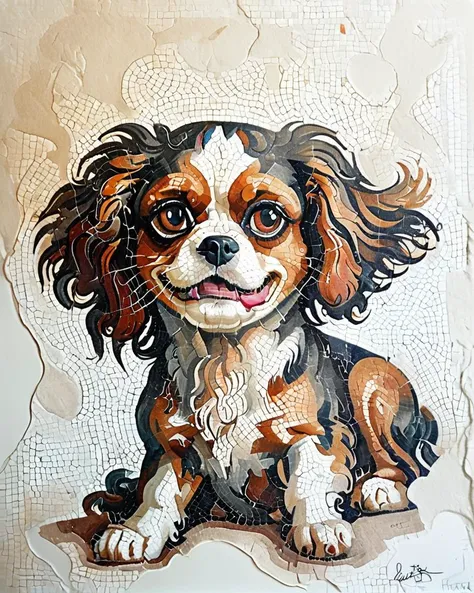 by Anna Dittmann and Conrad Roset, Drawing, Cavalier King Charles Spaniel, Wide view, Energetic, F/8, Kodak Ektar, <lora:Roman_Mosaic:1>