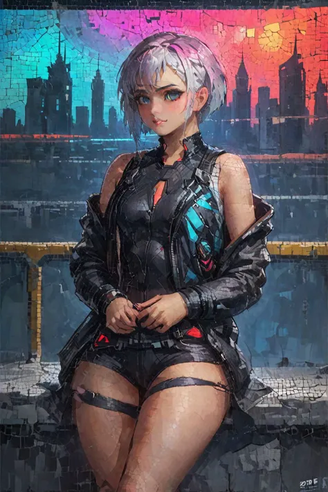 solo, 1girl,mosaic of lcplucy, expressionless, looking at viewer, crossed arms, jacket, open jacket, black leotard, bare shoulders, science fiction, cyberpunk, neon lights, city street <lora:cpedgerunners_lucy_xl-000004:0.9>, <lora:Roman_Mosaic>, (masterpiece, best quality, high quality, highres, ultra-detailed),