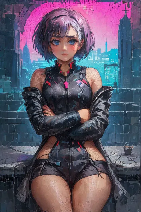 solo, 1girl,mosaic of lcplucy, expressionless, looking at viewer, crossed arms, jacket, open jacket, black leotard, bare shoulders, science fiction, cyberpunk, neon lights, city street <lora:cpedgerunners_lucy_xl-000004:0.9>, <lora:Roman_Mosaic>, (masterpiece, best quality, high quality, highres, ultra-detailed),