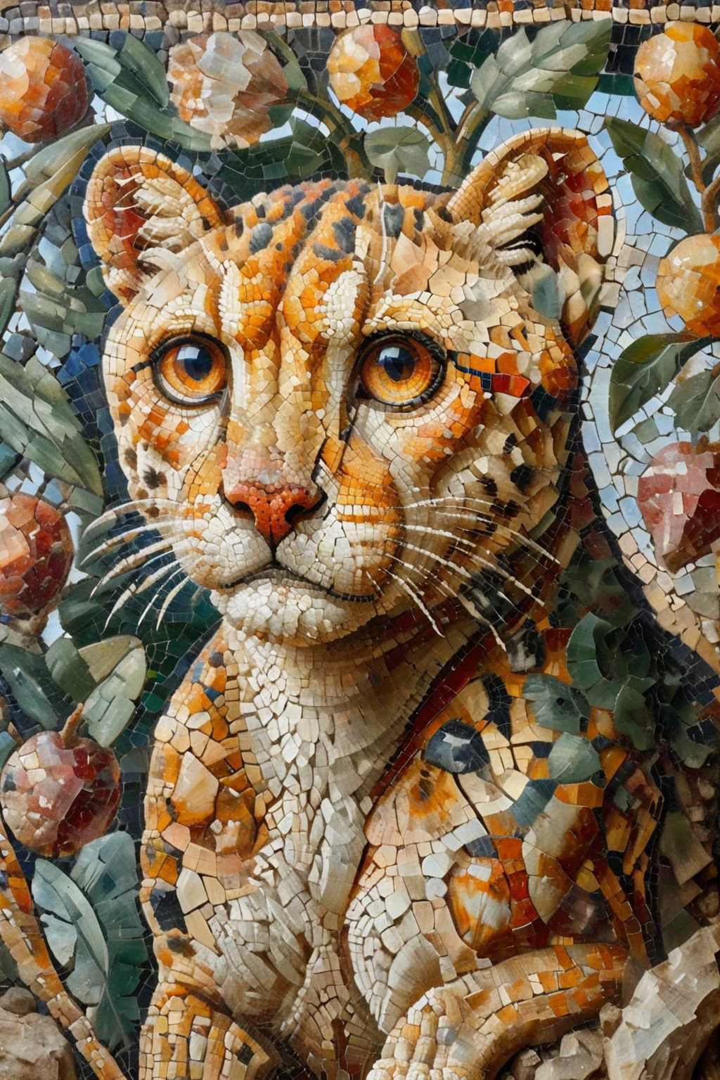 <lora:ral-ntrgmstn-sdxl:0.9>,<lora:Roman_Mosaic:0.8>,a highly detailed pastel oil painting of ral-ntrgmstn roman mosaic of cheetah,, (masterpiece, best quality, high quality, highres, ultra-detailed),