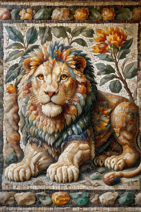 <lora:ral-ntrgmstn-sdxl:0.9>,<lora:Roman_Mosaic:0.8>,a highly detailed pastel oil painting of ral-ntrgmstn roman mosaic of lion,full body, (masterpiece, best quality, high quality, highres, ultra-detailed),